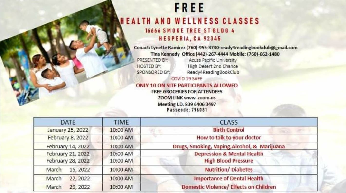 Free Health and Wellness Classes from January 25th 2022 to March 29th 2022.