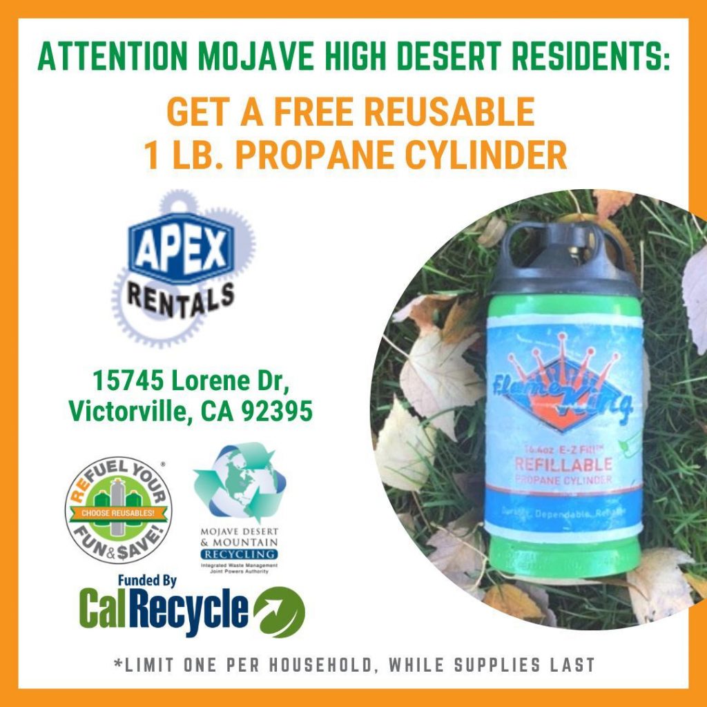 Mojave High Desert Residents get a free reusable 1 pound propane cylinder from Apex Rentals