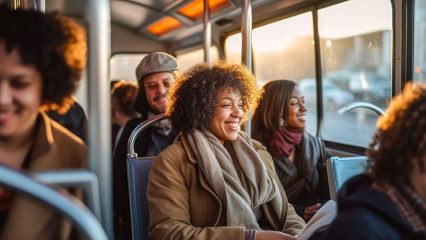 A diverse group of people on a bus