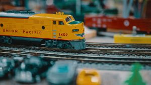 Union Pacific model train on track.