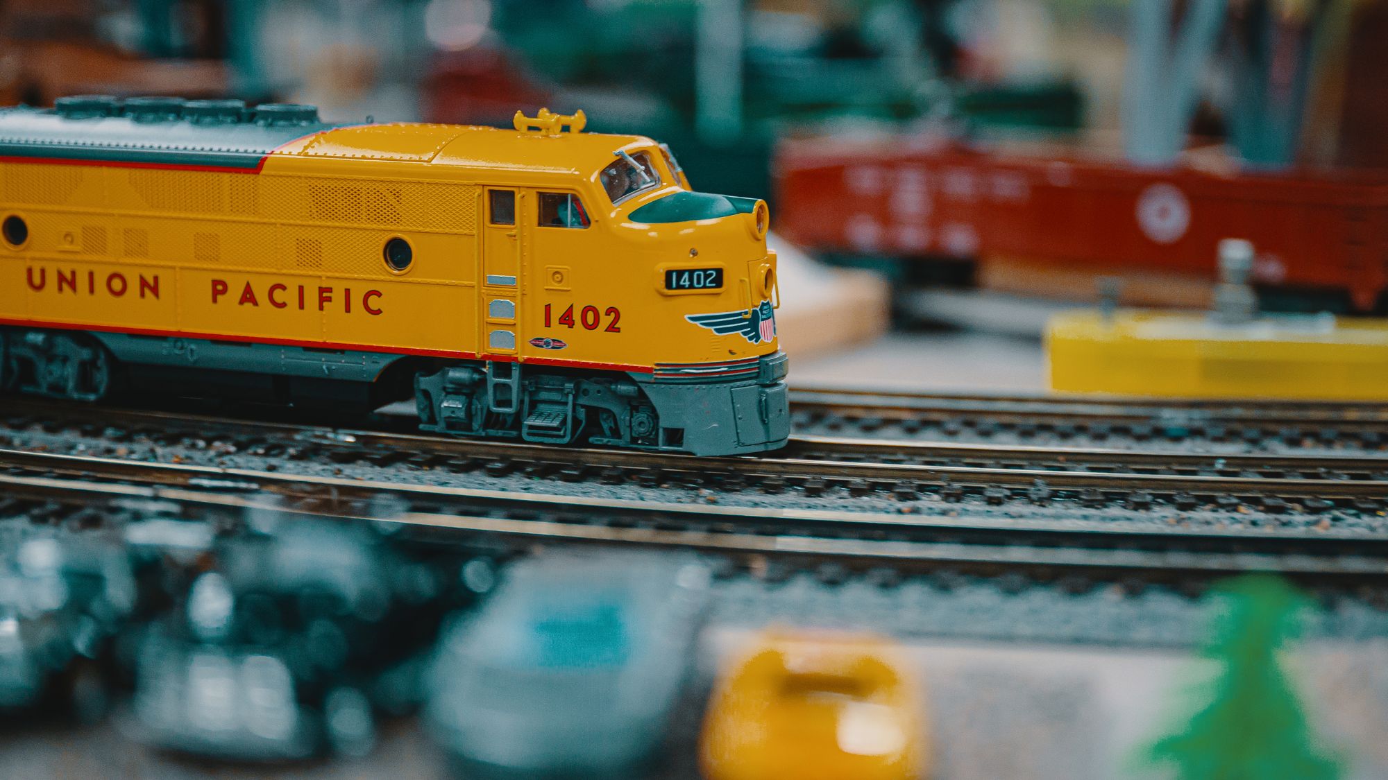 Union Pacific model train on track.