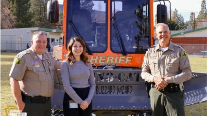 Captain Lutz, Kimberly Mesen and Sheriff Dicus with new snow cat.