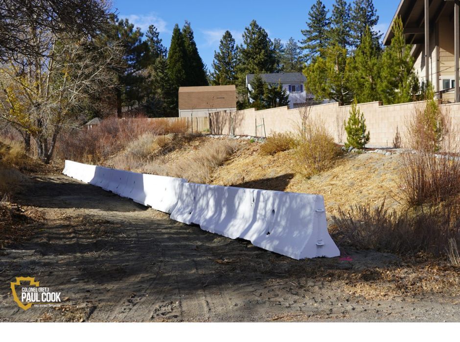 K-rail barrier in a Wrightwood yard.