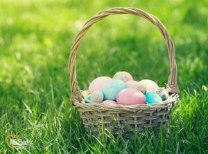 Easter basket in grass with eggs