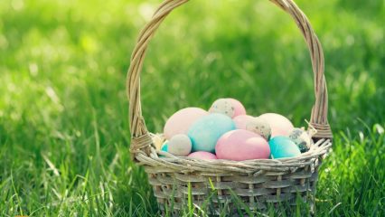 Easter basket in grass with eggs