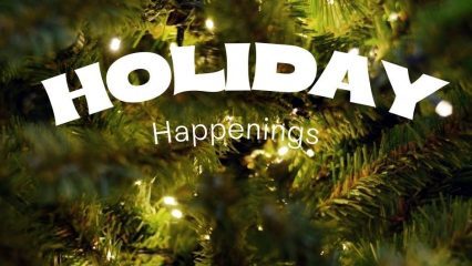 Holiday happenings text on christmas tree